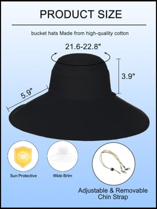 Reversible Cotton Bucket Hat Ultra Wide Brim Foldable UPF 50+ Sun Protection